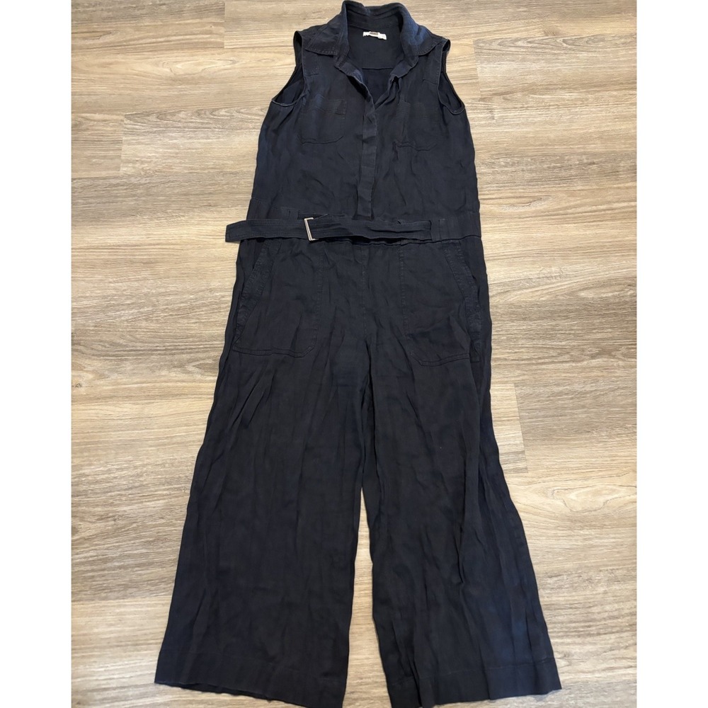 Vince Womens Linen Blend Wide Leg Jumpsuit Size 0 Navy Blue Belted Sleeveless